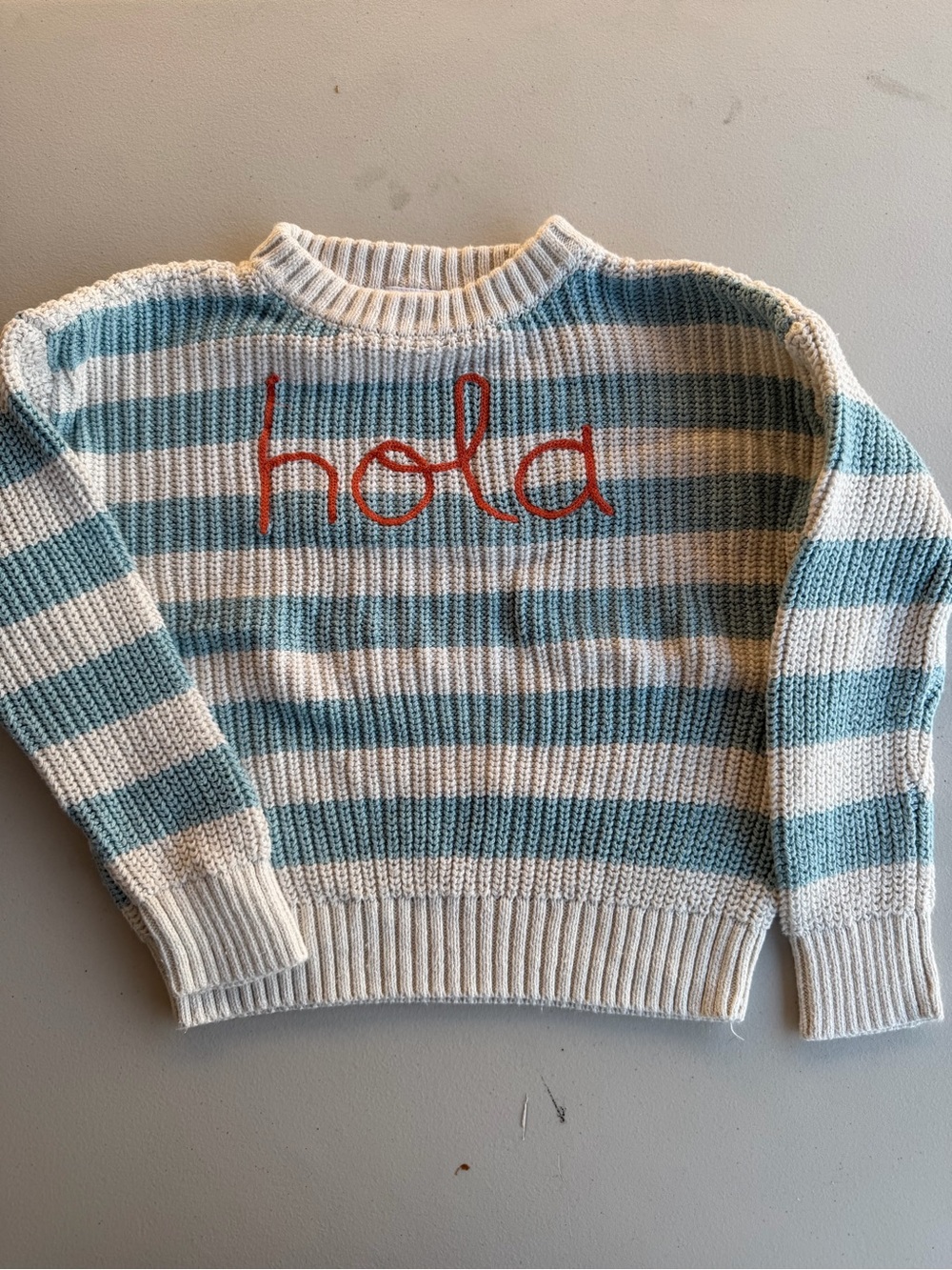 Cream and Blue Striped 'hola' Knit Sweater for Kids
